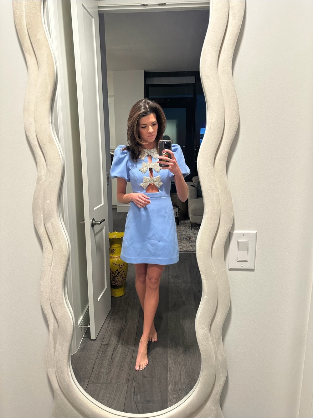 Rebecca Vallance Light Blue Puff-Sleeve Mini Dress with Bow Cutouts